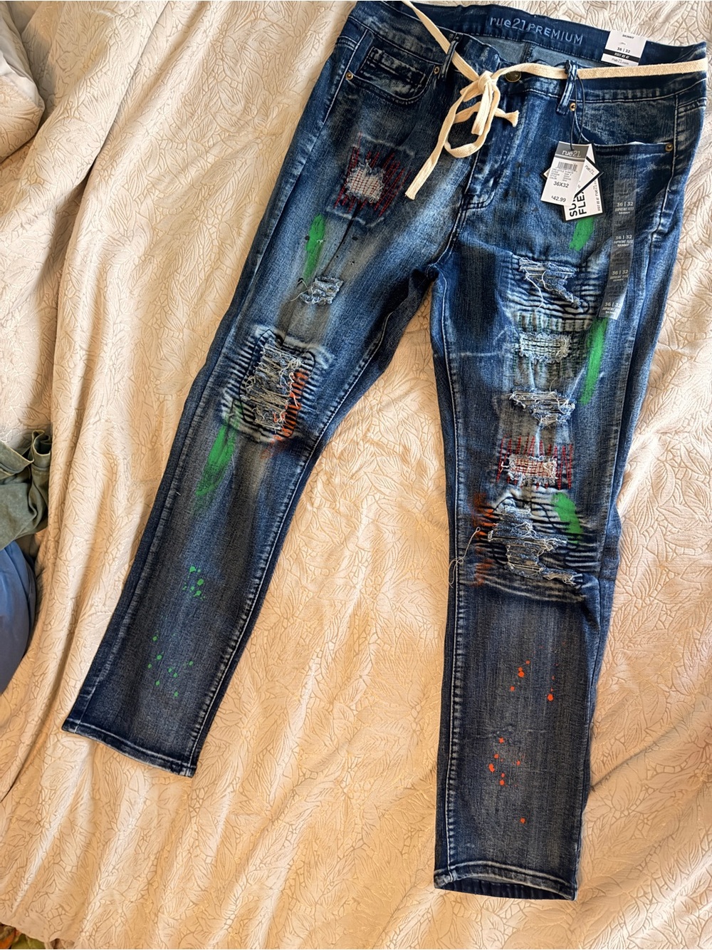 Rue21 Blue Skinny Jeans with Green & Orange Paint-Splash
